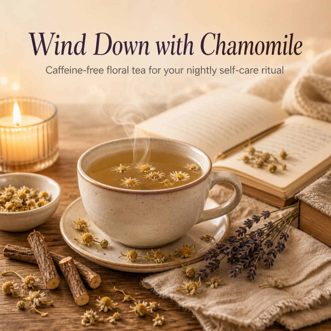 Overhead shot of a warm cup of chamomile tea with loose dried chamomile flowers, lavender, and licorice root nearby, set in a calm evening scene for a wind-down ritual.