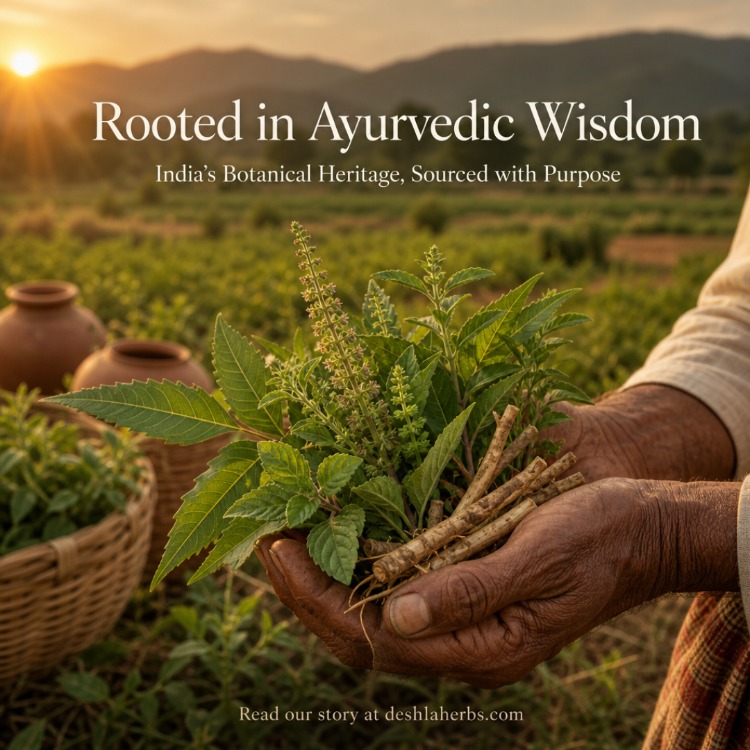 Warm, natural image of sun-dappled Indian herb fields with a farmer's hands gently holding fresh botanical leaves, representing Deshla Herbs' Ayurvedic roots and purposeful sourcing.