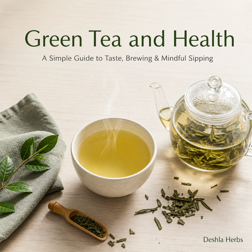 Overhead flat lay of a ceramic cup of brewed green tea beside loose green tea leaves, a small glass teapot, and a wooden spoon on a light wood table, with text reading Green Tea and Health and A Simple Guide to Taste, Brewing & Mindful Sipping.