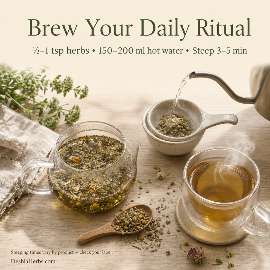 Overhead natural-light photo of a herbal infusion being prepared at home, showing loose herbal blend, a teaspoon measure, a glass teapot with steeping tea, and a cup, styled for a step-by-step brewing guide.