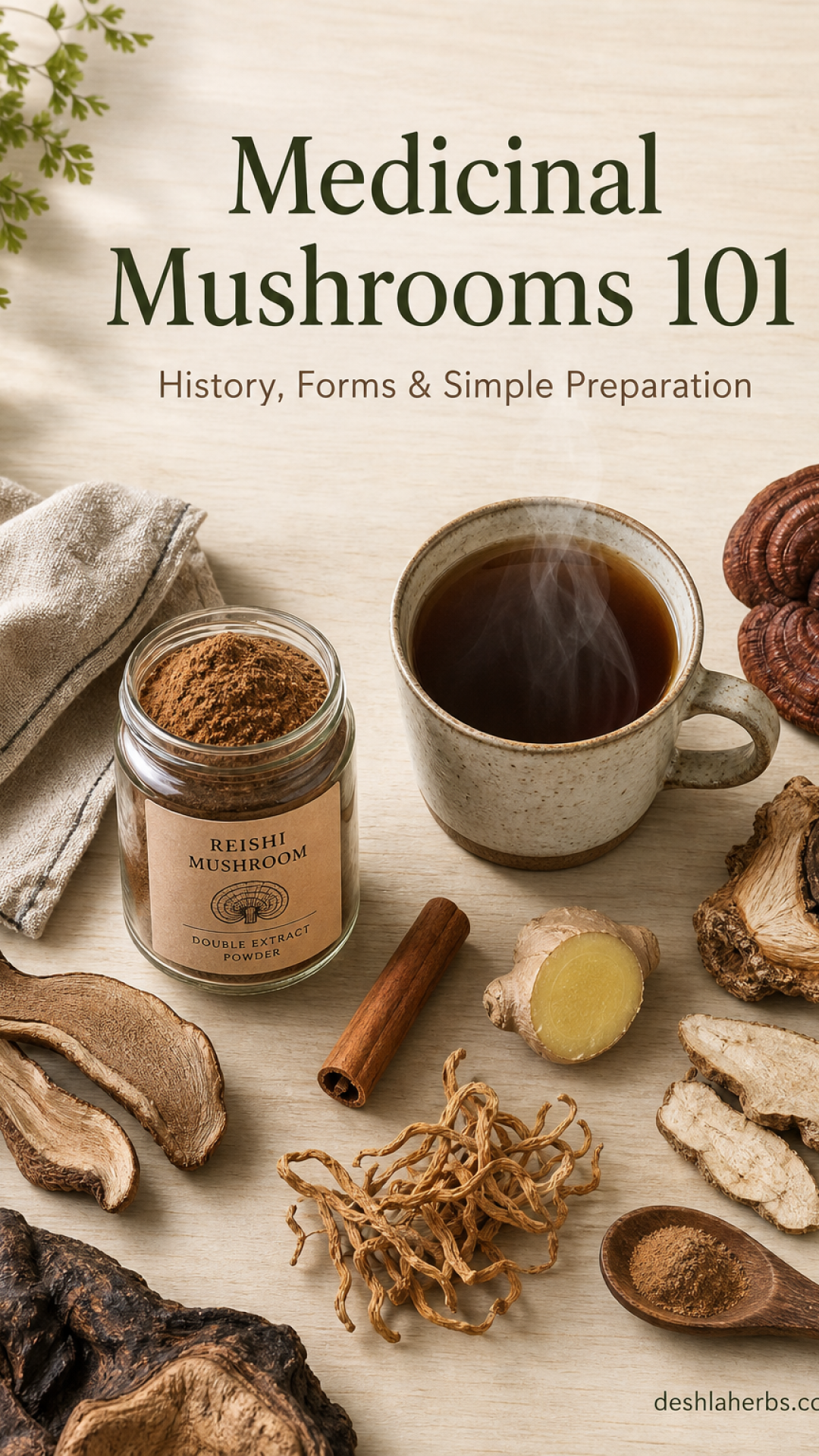 Dried medicinal mushroom slices, a jar of mushroom powder, and a steaming mug of mushroom tea arranged on a wooden table with ginger and cinnamon, representing an educational guide to medicinal mushrooms.