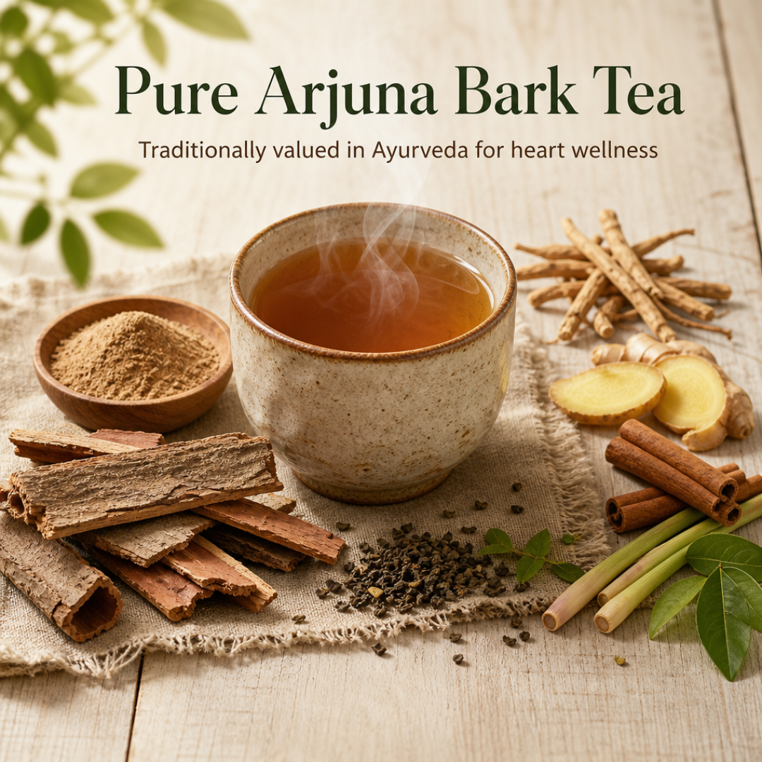 Natural flat lay of Arjuna bark, loose-leaf Arjuna Herbal Tea, Arjuna Powder Tea, and a cup of brewed tea surrounded by Ashwagandha root, ginger, cinnamon sticks, and lemongrass stalks for Arjuna Plus Herbal Infusion.