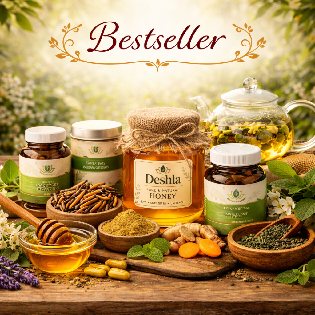 Deshla bestseller category card featuring top herbal products including honey, herbal tea, supplements, and cordyceps in an elegant natural setting