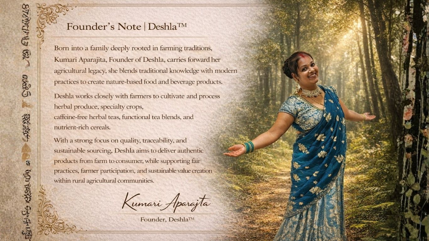 Woman in a blue saree standing in a forest with text about Deshla on the left.