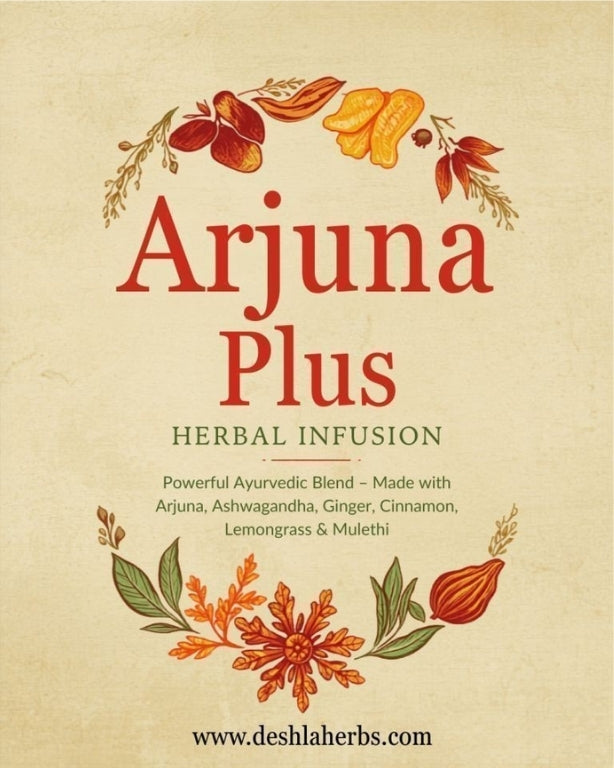 Arjuna Plus Herbal Infusion packaging with decorative elements on a beige background