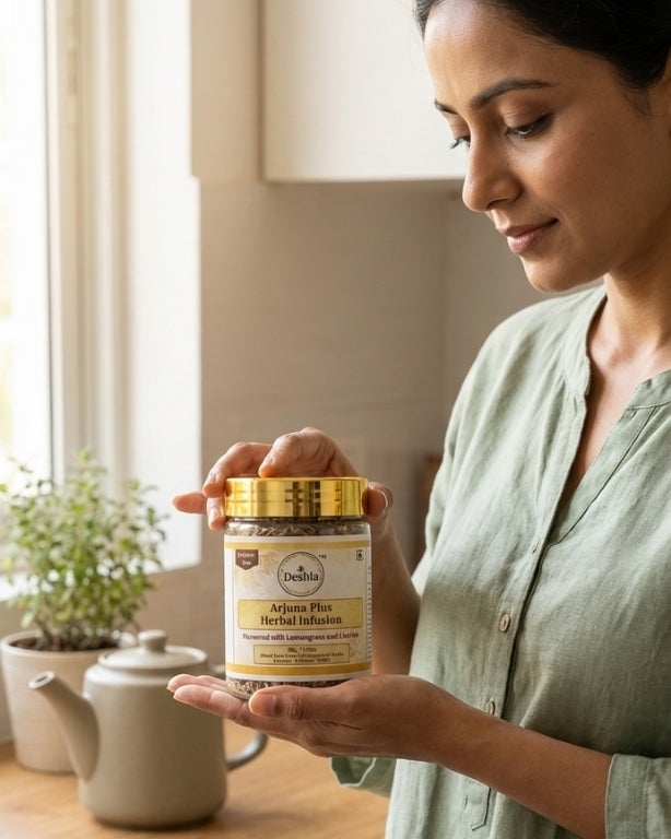 Woman holding a jar of Delsit Ajwain Plus Herbal Infusion in a kitchen setting.