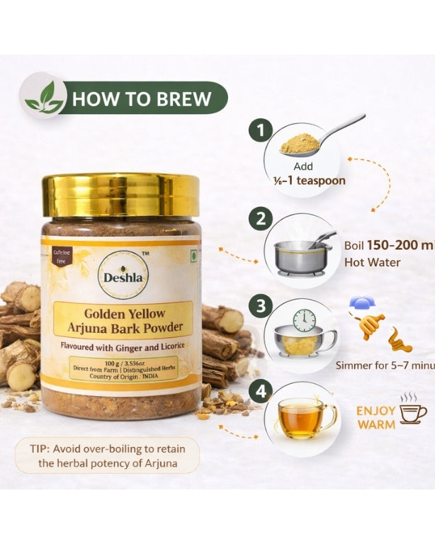 Deshla Golden Yellow Arjuna Bark Powder packaging with brewing instructions on a white background