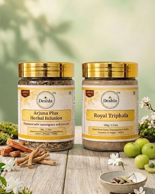 Two jars of Deshla herbal products on a wooden surface with greenery in the background.