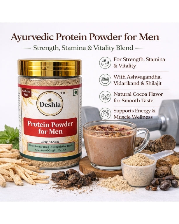 Deshla Ayurvedic Protein Powder for Men with packaging, a glass of powder, and ingredients on a white background.