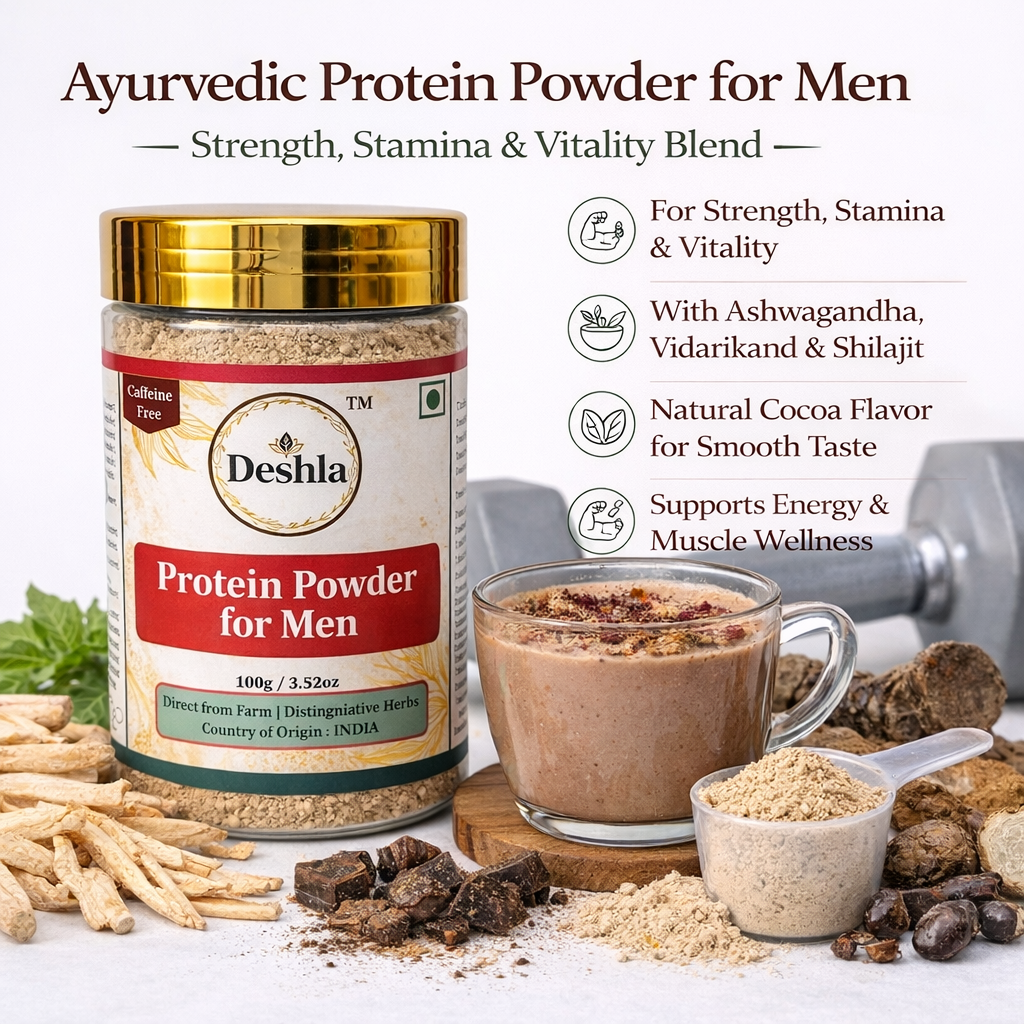 Ayurvedic protein powder for men with ashwagandha, cocoa, and herbal ingredients for strength and stamina