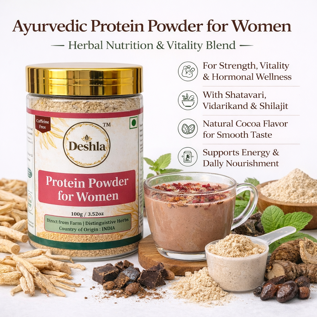 Ayurvedic protein powder for women with shatavari, cocoa, and herbal ingredients for energy and wellness