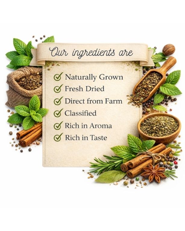 Spices and herbs with a sign listing qualities of ingredients on a white background