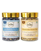 Two jars of Deshla tea, one labeled 'Blue Butterfly Pea Tea' and the other 'Chamomile Flower Tea', on a white background.