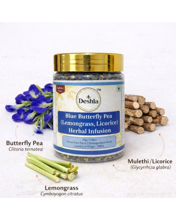 Herbal infusion jar with butterfly pea, lemongrass, and licorice on a white background