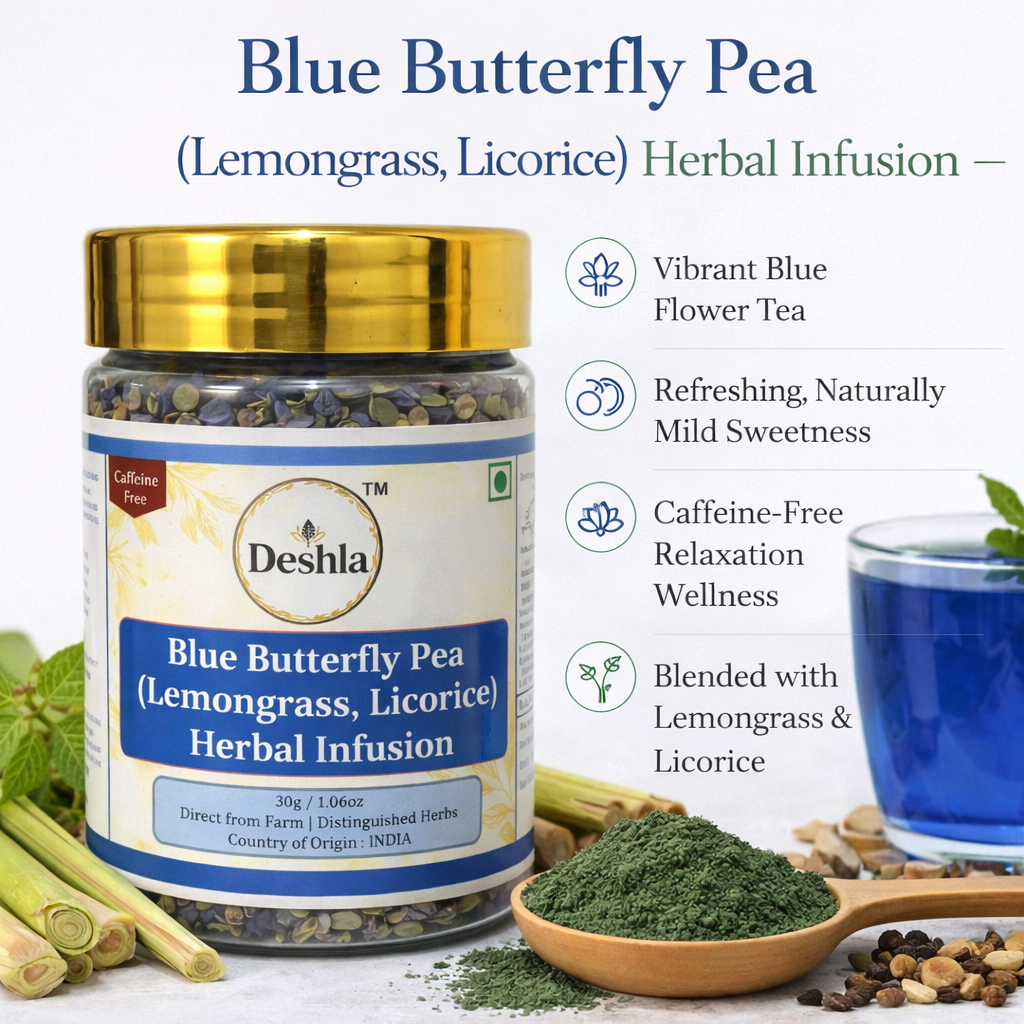 Blue butterfly pea tea with lemongrass and mulethi, vibrant blue herbal infusion for relaxation and wellness 