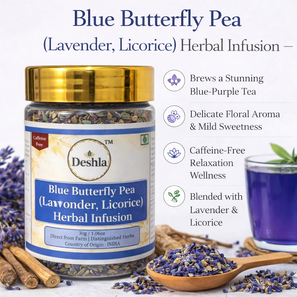 Blue butterfly pea lavender tea with mulethi, vibrant blue-purple floral herbal infusion for relaxation