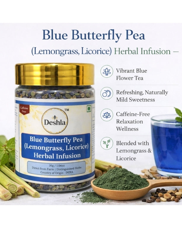 Deshla Blue Butterfly Pea Herbal Infusion packaging with ingredients and a glass of blue tea.
