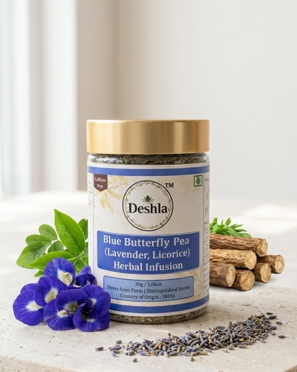 Deshla Blue Butterfly Pea Herbal Infusion jar with lavender and licorice roots on a light background