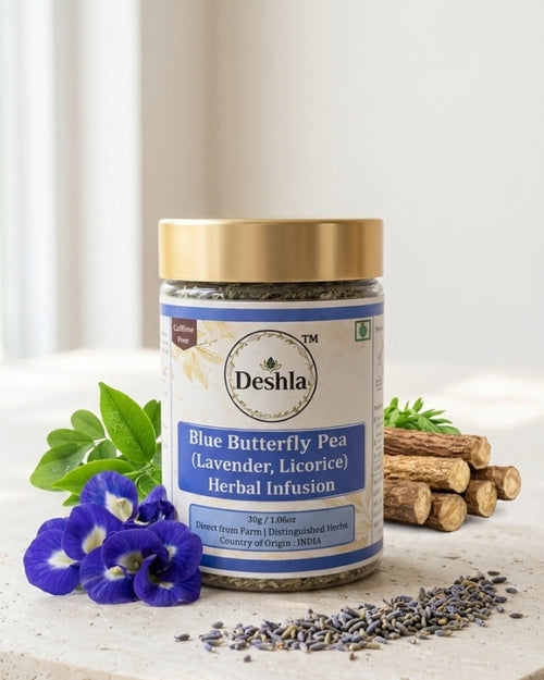 Deshla Blue Butterfly Pea Herbal Infusion jar with lavender and licorice roots on a light background