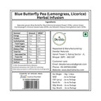Label of Blue Butterfly Pea Herbal Infusion with nutritional information and branding details.