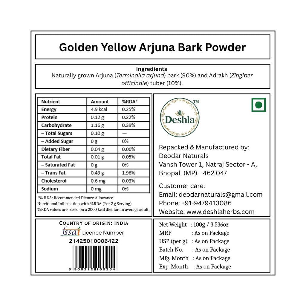 Label for Golden Yellow Arjuna Bark Powder with nutritional information and Deshla branding.