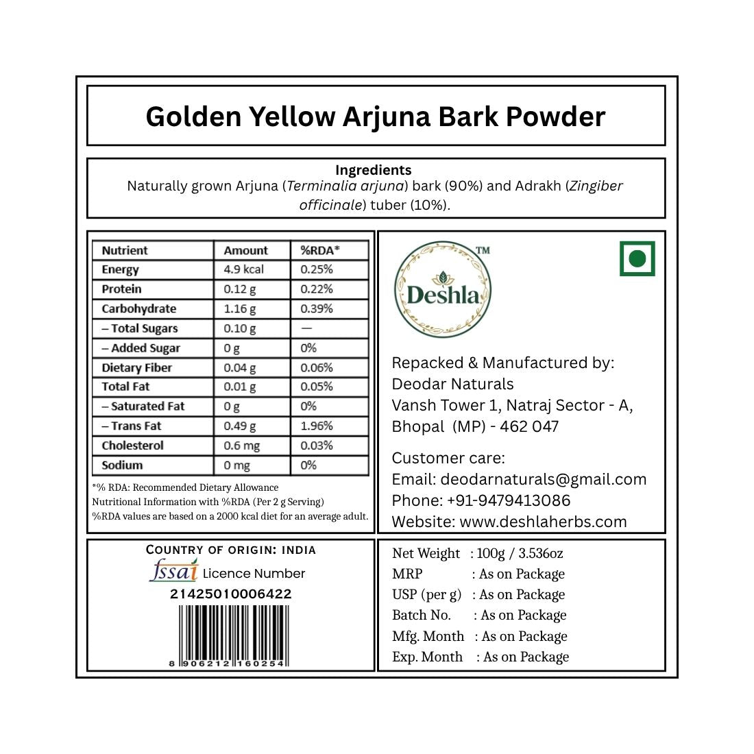 Label for Golden Yellow Arjuna Bark Powder with nutritional information and Deshla branding.