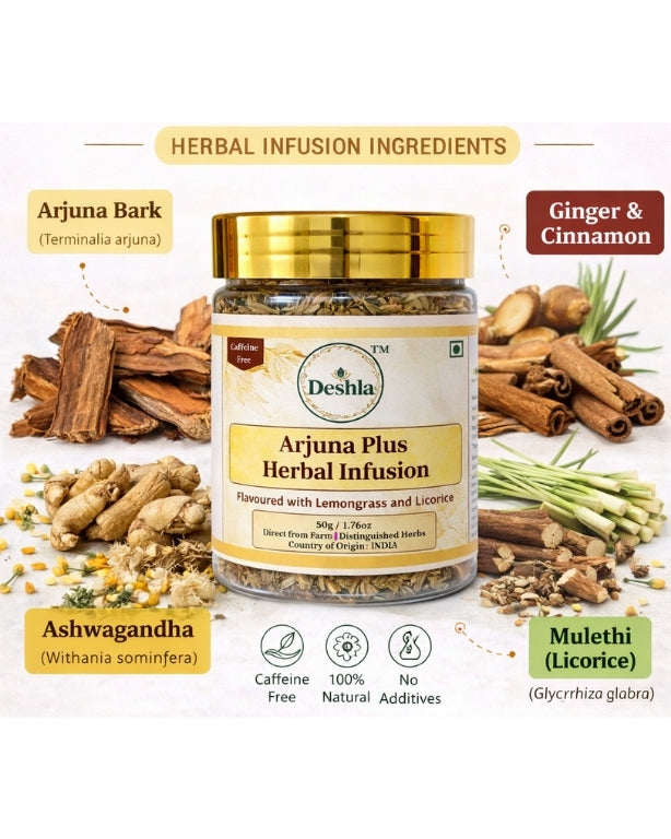 Deshla Arjuna Plus Herbal Infusion jar with ingredients on a white background