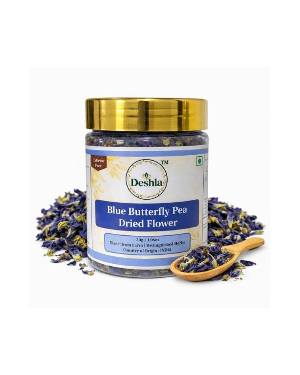 Jar of Deshla Blue Butterfly Pea Dried Flowers with a wooden spoon on a white background