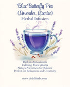 Promotional graphic for Blue Butterfly Pea Herbal Infusion with a cup of blue tea and lavender flowers.