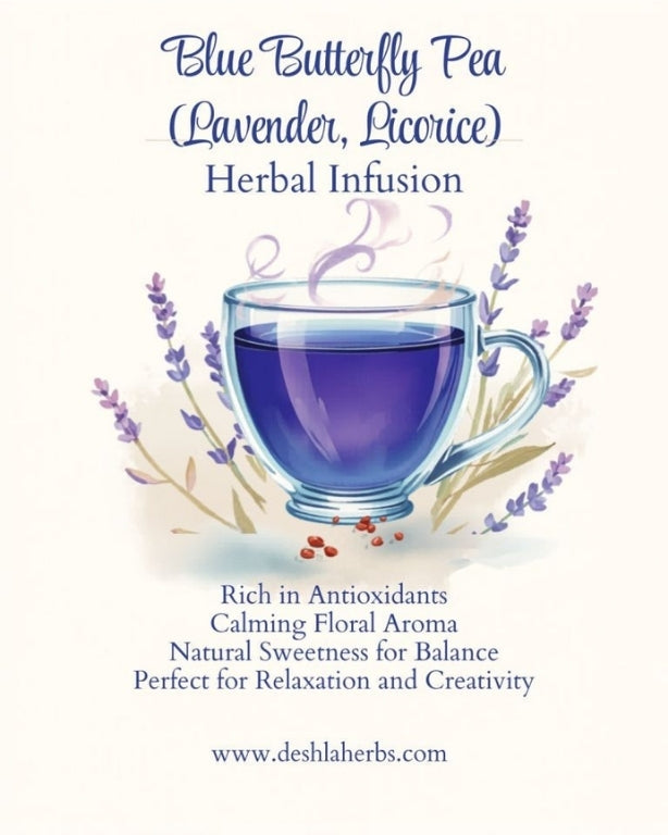 Promotional graphic for Blue Butterfly Pea Herbal Infusion with a cup of blue tea and lavender flowers.