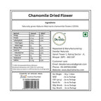Label for Chamomile Dried Flower packaging with nutritional information and Deshla branding.