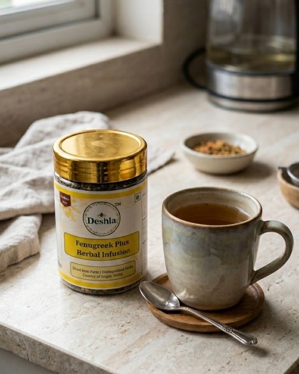 Deshla Fenugreek Plus Herbal Infusion canister next to a cup of tea on a kitchen counter.