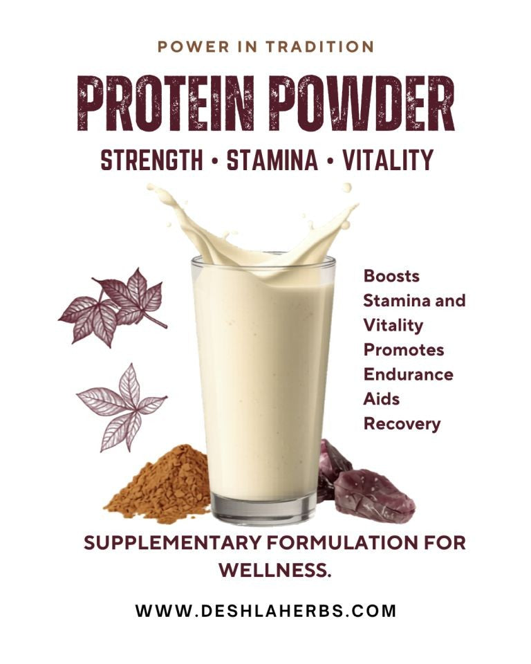 Protein powder advertisement with a glass of milkshake, ingredients, and promotional text on a white background.