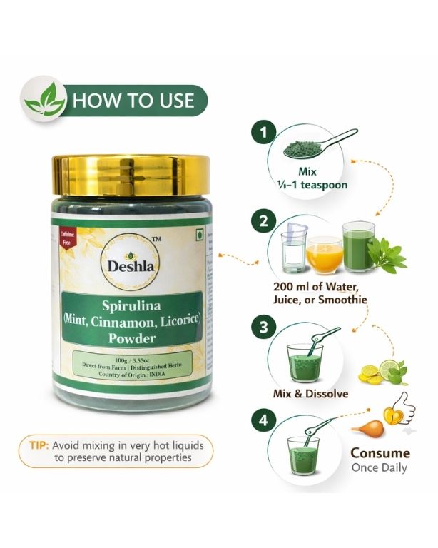 Deshla Spirulina powder jar with usage instructions on a white background