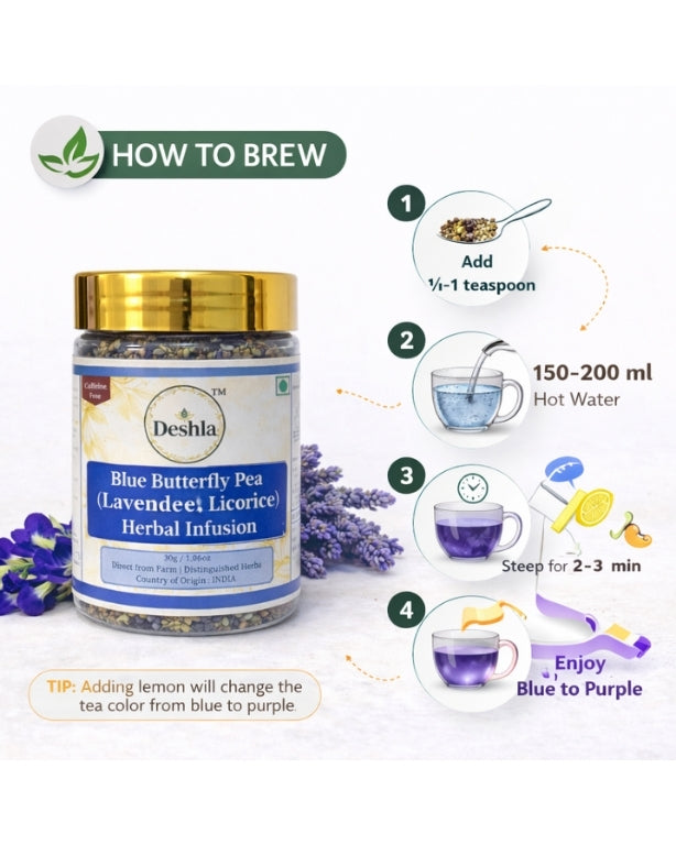 Deshla Blue Butterfly Pea Herbal Infusion jar with brewing instructions on a white background