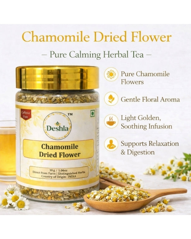 Jar of chamomile dried flowers withDeshla branding on a white background