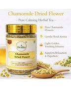Jar of chamomile dried flowers withDeshla branding on a white background