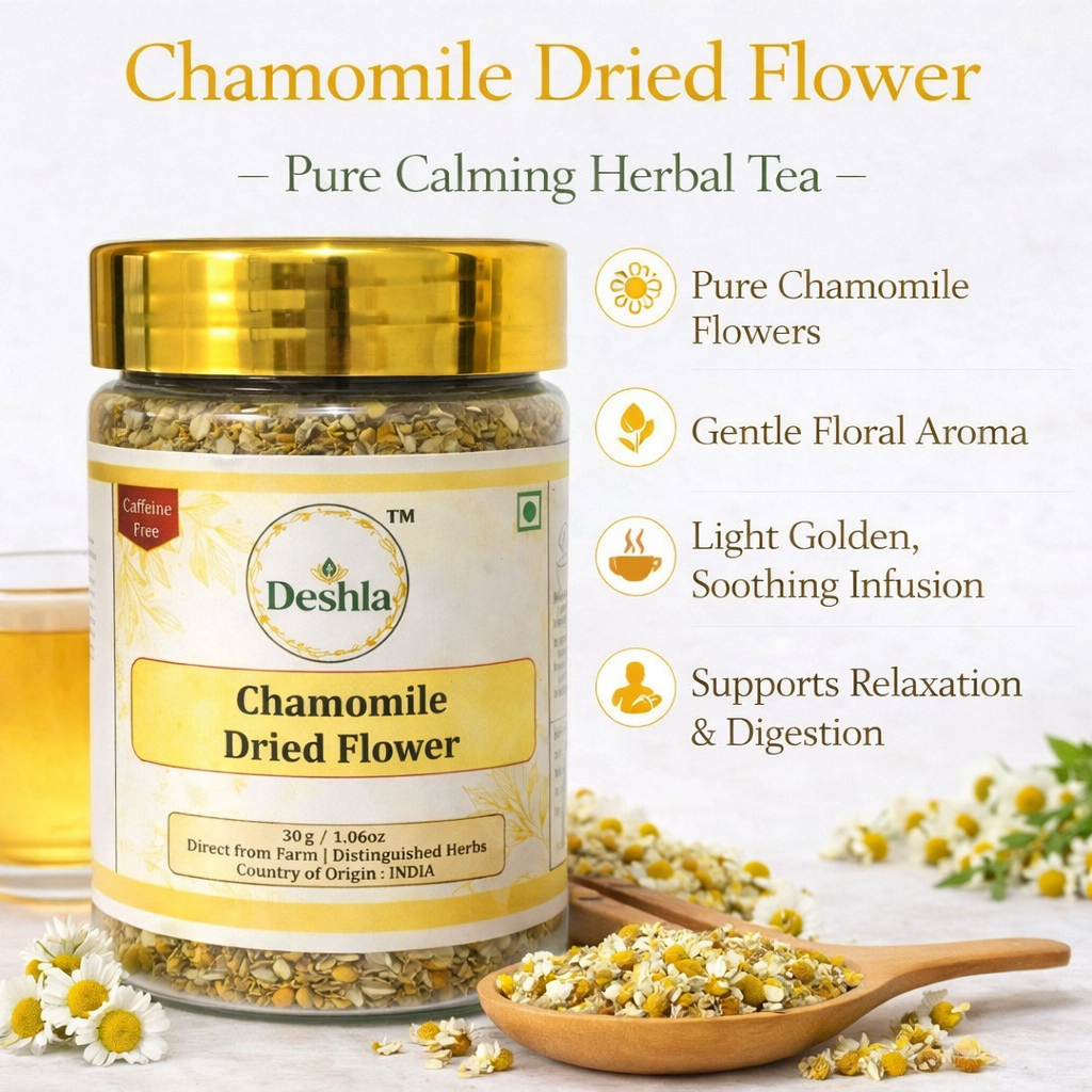 Chamomile dried flowers with golden herbal tea cup, calming infusion for relaxation and digestion