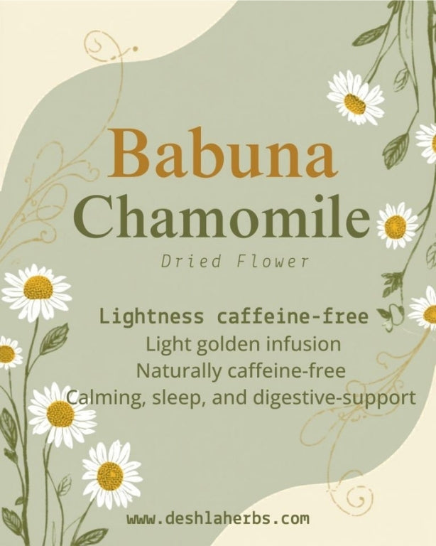 Advertisement for Babuna Chamomile dried flower with floral design on a light green background