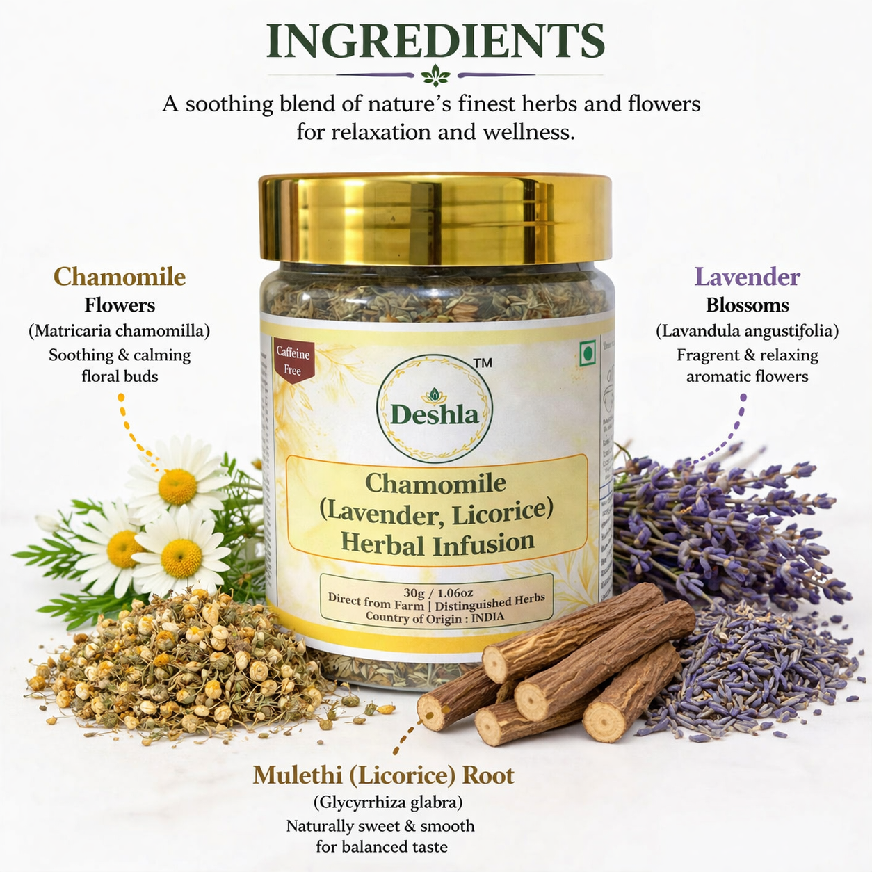 Chamomile lavender herbal tea with mulethi, calming floral infusion for relaxation and wellness