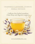 Herbal tea with chamomile, lavender, and licorice, featuring a cup of tea and floral elements on a light background.