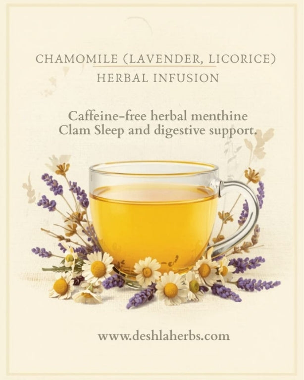 Herbal tea with chamomile, lavender, and licorice, featuring a cup of tea and floral elements on a light background.