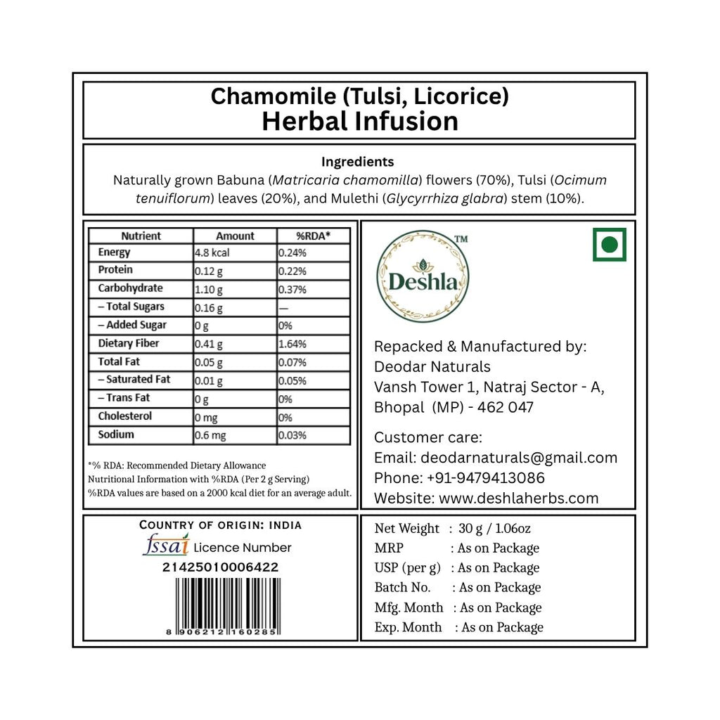Label of Chamomile tulsi with Deshla branding
