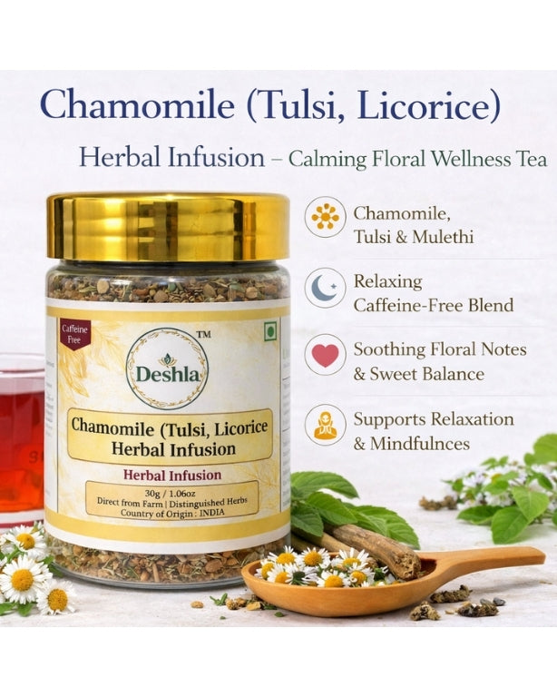 Herbal infusion jar with chamomile, tulsi, and licorice on a white background
