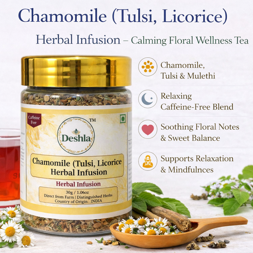 Chamomile tea with tulsi and mulethi, calming herbal infusion for relaxation and wellness