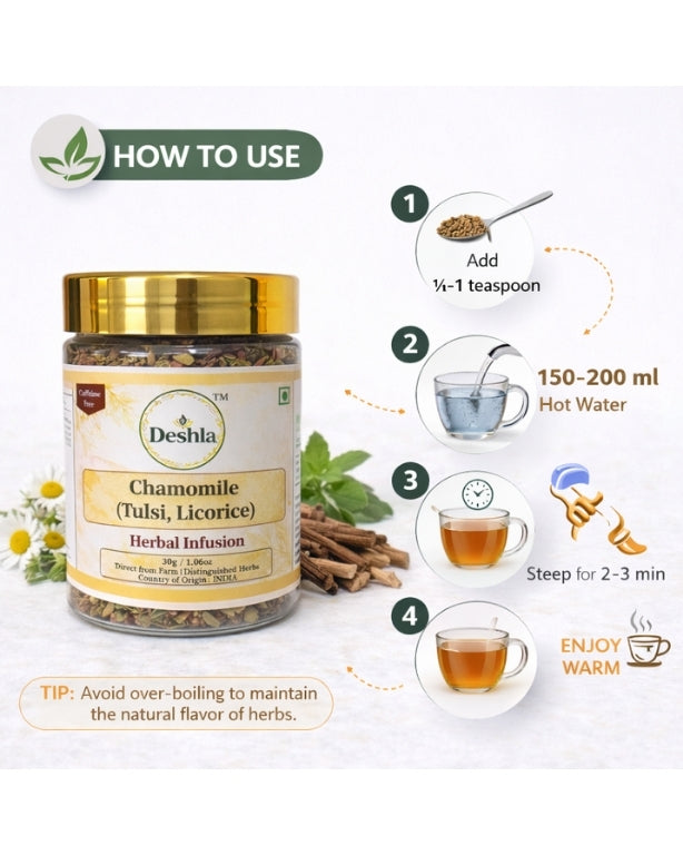 Deshla Chamomile Tulsi Licorice herbal infusion packaging with usage instructions on a white background
