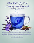 Blue butterfly pea tea in a glass mug with lemongrass and licorice, on a light purple background.