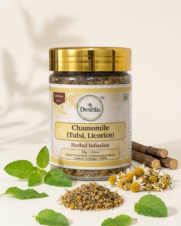 Herbal infusion jar with chamomile, tulsi, and licorice on a light background