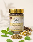 Herbal infusion jar with chamomile, tulsi, and licorice on a light background