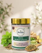 Deshla Detox Herbal Infusion bottle with herbs and spices on a light background